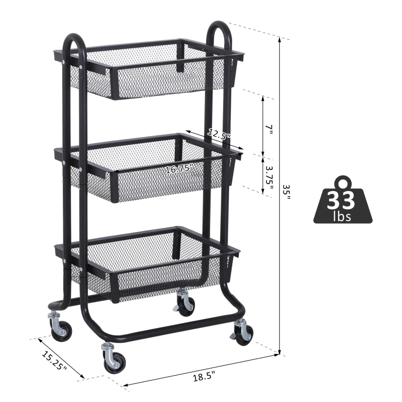 HOMCOM 3-Tier Rolling Cart Multifunction Utility Cart Storage Cart Trolley on Wheels with Mesh  Metal Basket Black