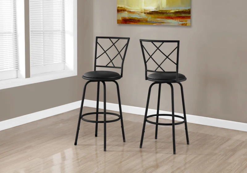 Monarch 2 Piece Contemporary PU Leather Seat Criss-Cross Styled Back Metal Framed Swivel Barstool Chair Set - Black Finish