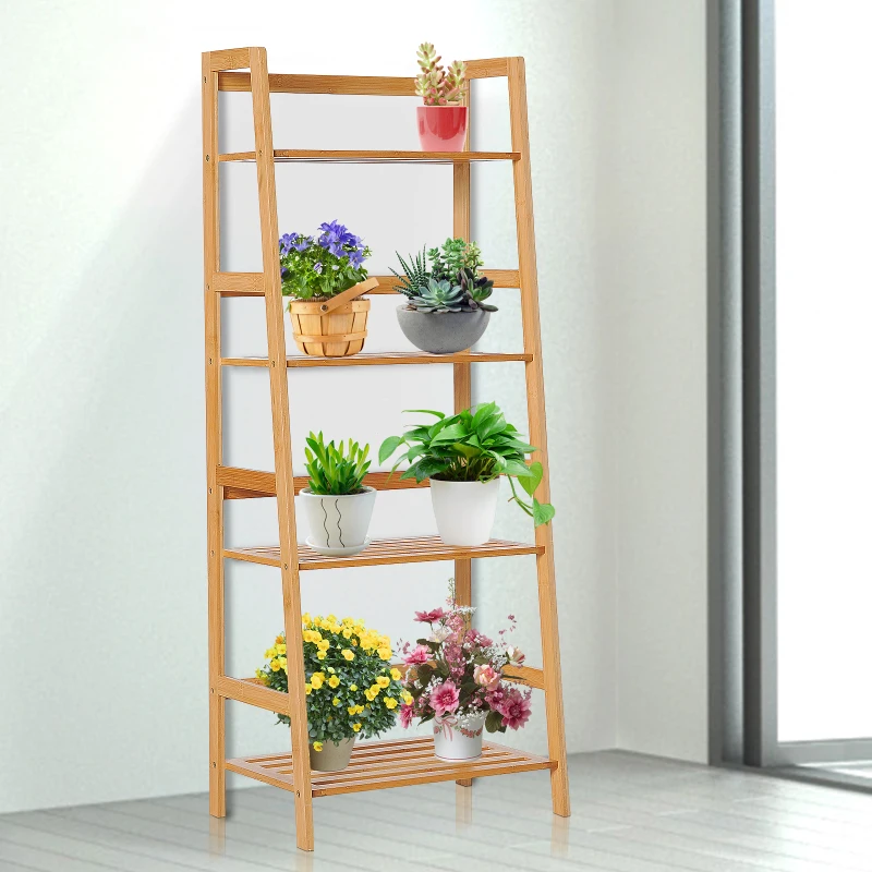 HOMCOM 4 Tier Bamboo Multi-Functional Storage Rack Ladder Bookcase Bathroom Shelf Shelving Unit Display Stand