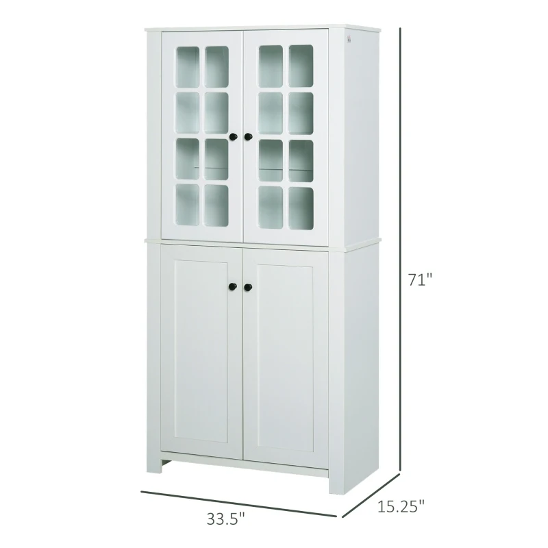 HOMCOM 71" Freestanding Kitchen Pantry Cabinet with Glass Door and Shelves, Tall Cupboard for Dining Room, Living Room, White