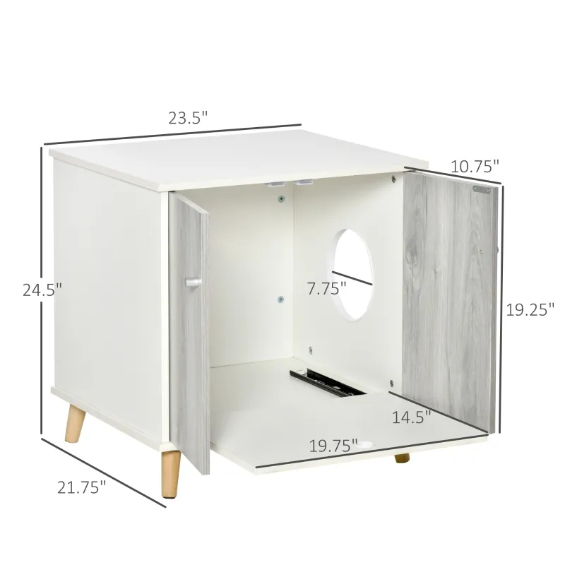 PawHut Cat Litter Box Enclosure Washroom Cave House Decorative End Table Wooden Cabinet Indoor with Magnetic Door Slide-out Board White