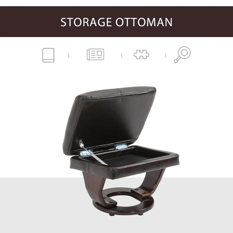 HOMCOM Swivel Recliner Chair Thick Padded with Storage Ottoman, Wrapped Wood Base & Faux Leather for Living Room, Bedroom, Office, Dark Brown