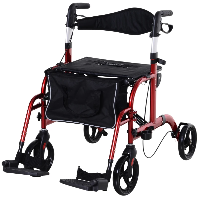 HOMCOM 2 in 1 Aluminum Rollator Walker Convertible Rollator Wheelchair with Adjustable Arms, Storage Bag, Footrests & Crutch Holder, Tool Free Assembly, Black & Red