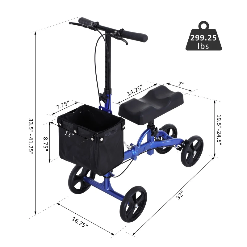 HOMCOM Foldable Dual Pad Steerable Leg Knee Walker Scooter with Basket Attachment - Blue