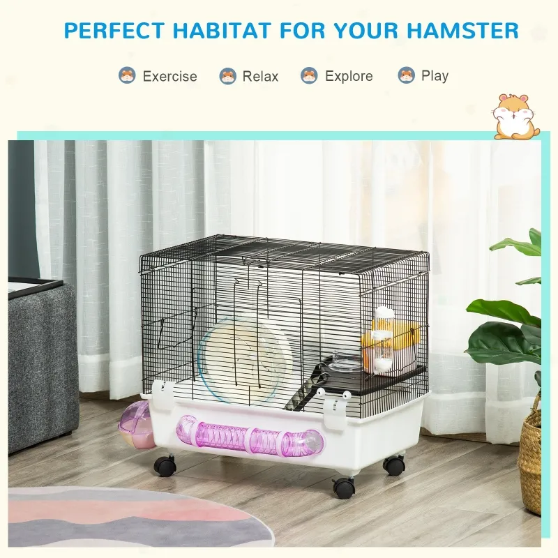 PawHut Hamster Cage, Gerbil Haven, Multi-storey Rodent House, Small Animal Habitats, Large Hide-out, w/ Water Bottle, Tubes, Excise Wheel, Food Dish, Ramp, Shower Room, White
