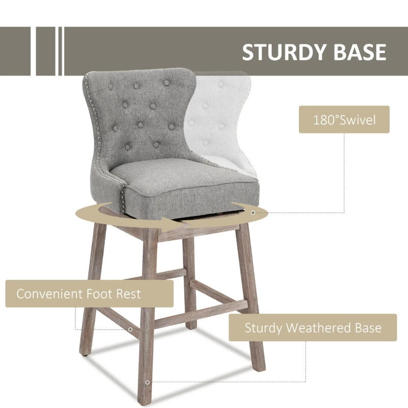 HOMCOM Upholstered Fabric Bar Height Bar Stools Set of 2, 180° Swivel Nailhead-Trim Pub Chairs, 30" Seat Height with Rubber Wood Legs, Grey
