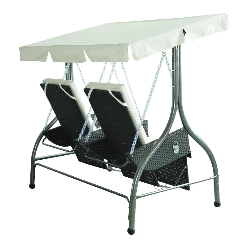 Outsunny Luxury Heavy-Duty Patio Swing Chair 2 Separated Seats Rattan Wicker Recliner Seat Garden Outdoor Canopy Cushion Steel, Black & Cream-white