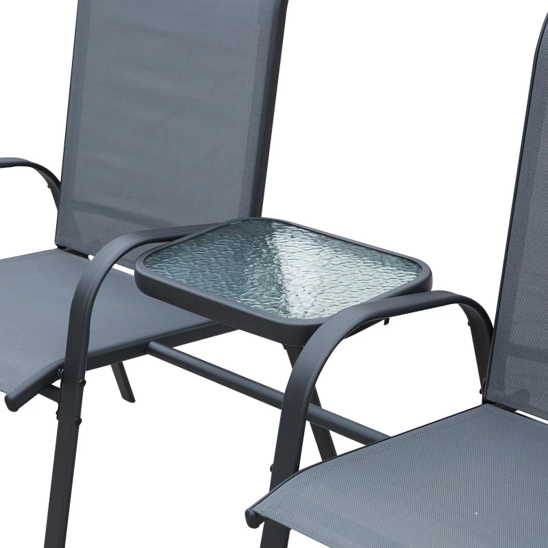 Outsunny Bistro Set Outdoor Furniture Set with Attached Middle Glass Coffee Table, Breathable Fabric Double Chairs for Balcony, Patio, Porch