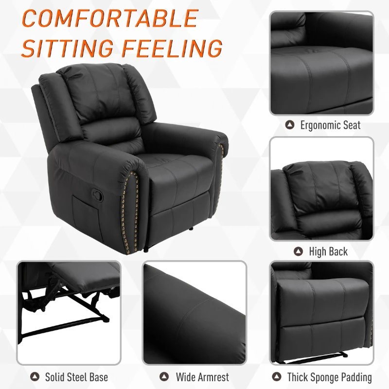 HOMCOM Recliner Chair Added Footrest Cushion Padded Seat Modern Nail Sofa PU Leather for Living Room Club Home Theater Seating, Black