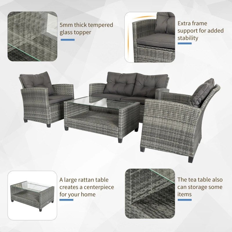 Outsunny 4 Pieces Patio Furniture Sets with Cushions, PE Rattan Wicker Conversation Chairs with Two-Tier Coffee Table for Backyard Porch Garden Poolside and Deck, Charcoal Gray