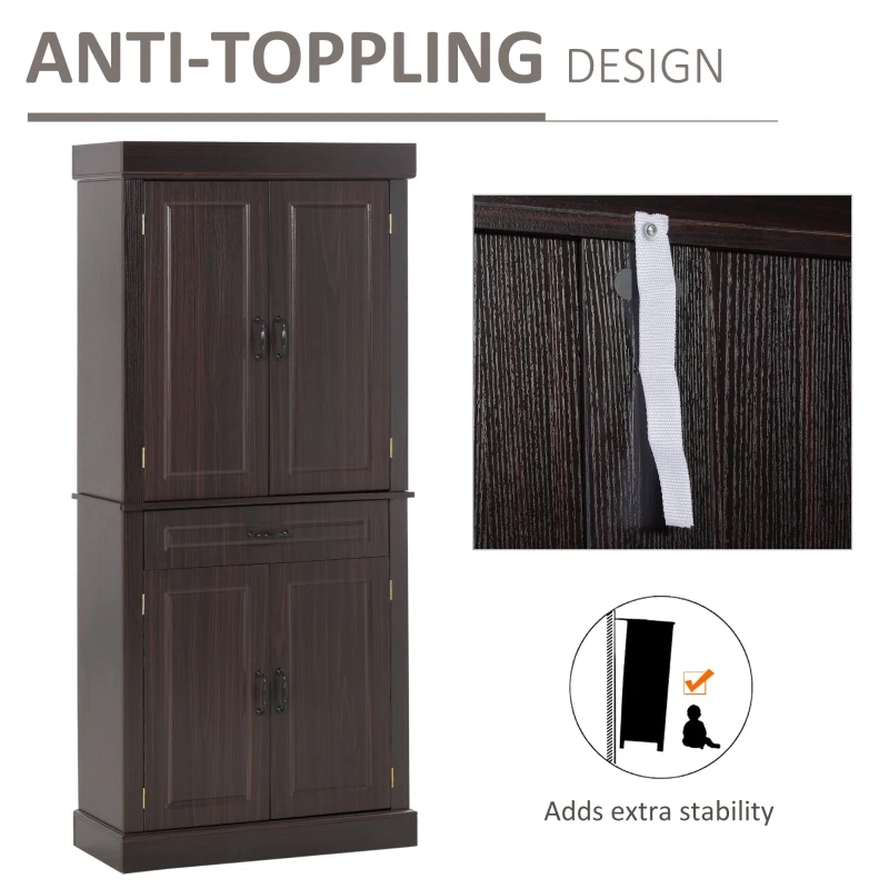 HOMCOM 71" Freestanding Kitchen Pantry Cabinet, Tall Storage Cabinet with 4 Doors and Drawer for Dining Room, Coffee