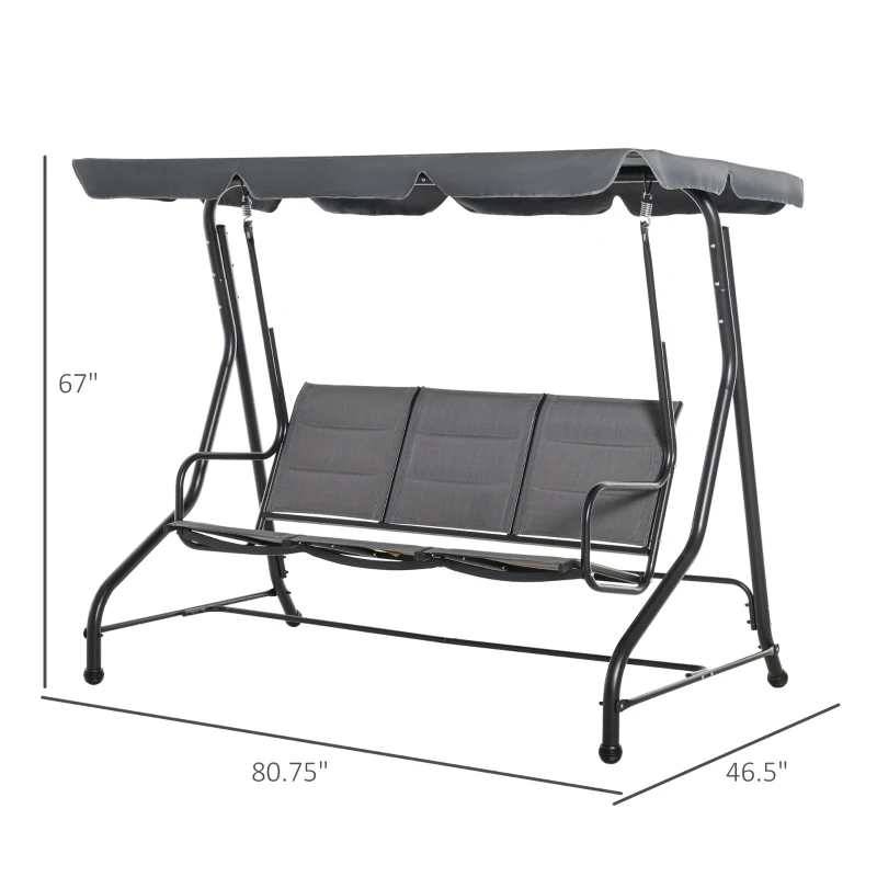 Outsunny 3-Seater Porch Swing Chair Outdoor Patio Bench for Deck with Adjustable Canopy, Padded Sling Fabric Seat