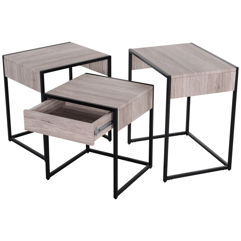 HOMCOM MDF 3 PCs Nesting Table End Table  Nightstand w/ Drawer Water-resistant