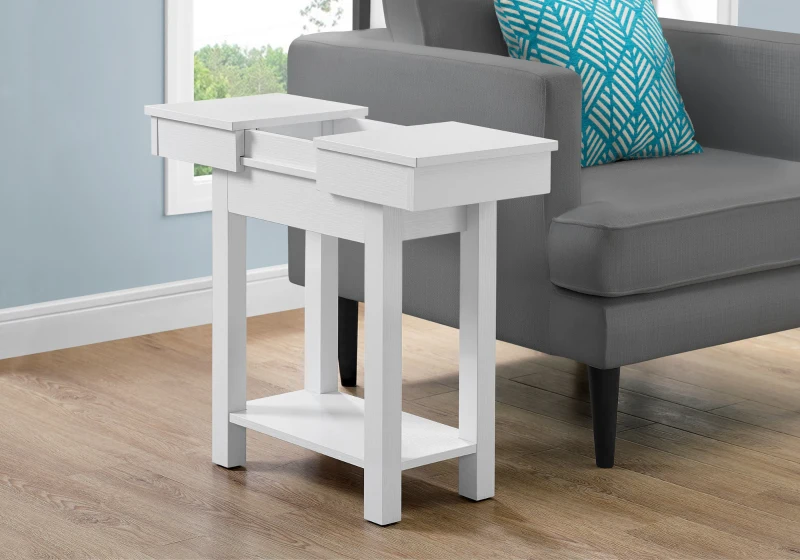 Monarch 24" Modern Two-Tier Slide-Open Storage Top Wood Grain-Look Side Accent Table - White Finish