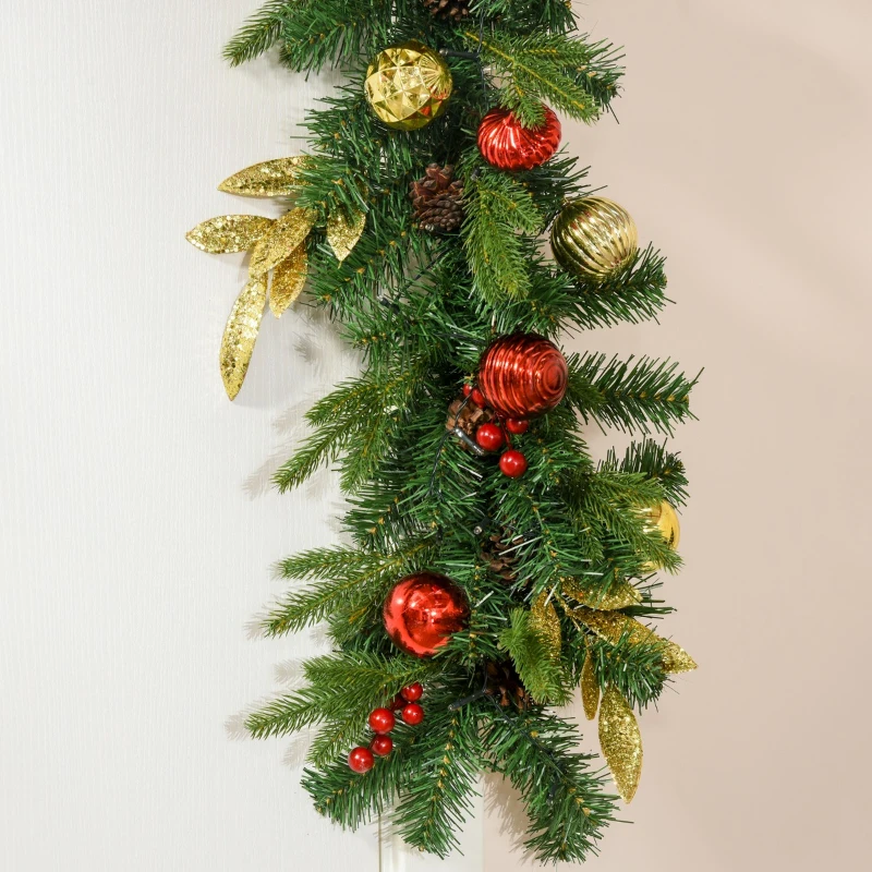 HOMCOM 9FT Pre-Lit Christmas Garland Decoration Artificial Greenery w/ Pine Cone  Ball