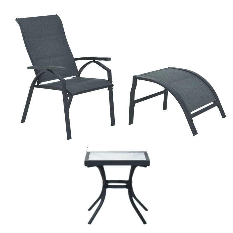 Outsunny 5pcs Outdoor Sling Bistro Set Garden Sun Lounger Chaise Lounge Reclining Chair w/Side Table & Ottoman  Balcony Furniture Grey