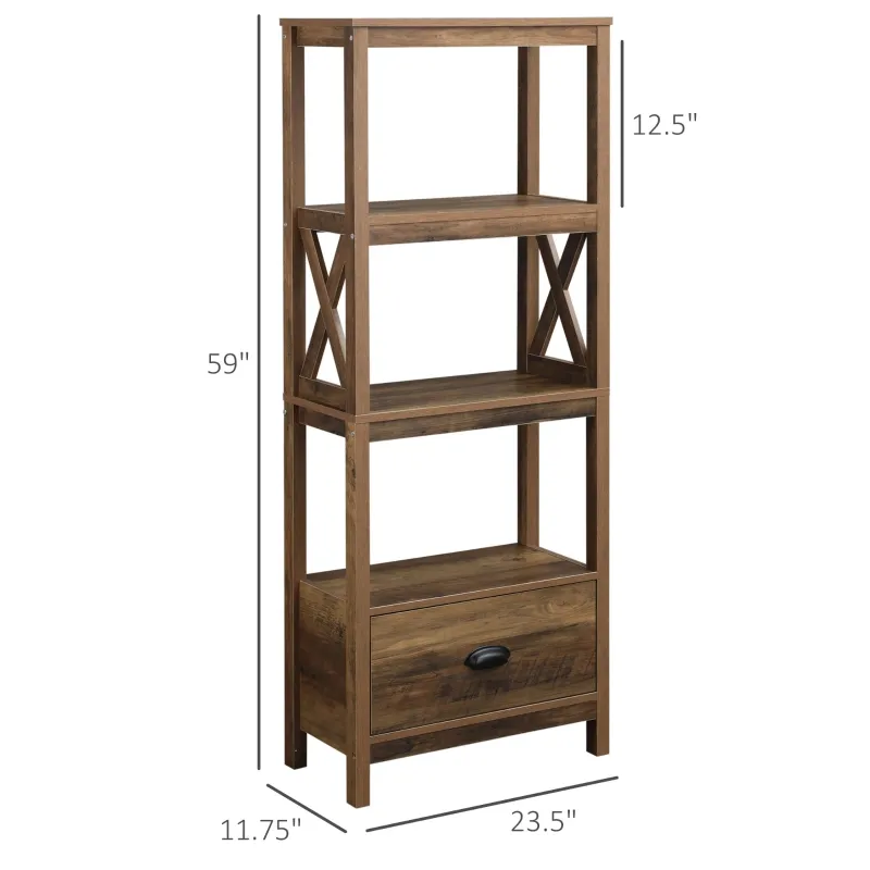 HOMCOM Farmhouse Chic 3-Tier Shelf Bookcase Display Rack with Drawer for Living Room, Bedroom, Office, Natural Wood