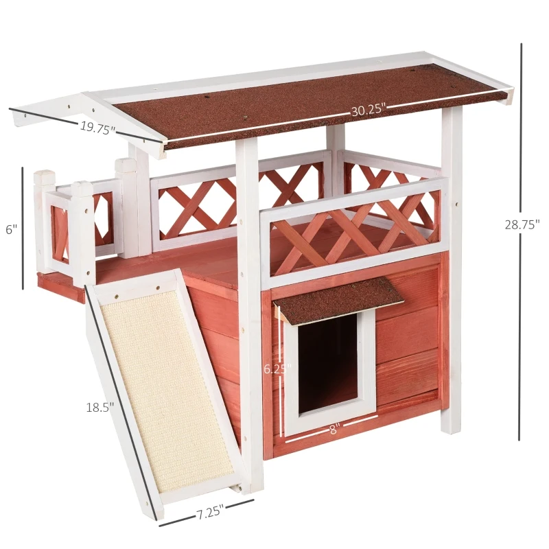 PawHut Outdoor Cat House Wooden Feral Cat Shelter, 2-Story Kitten Condo with Sisal Ramp, Weatherproof Roof and Balcony, Red