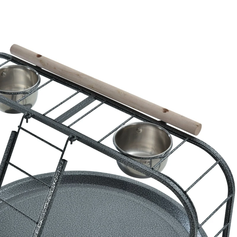 PawHut Parrot Stand Large Bird Perch Stand with Toy Hook & 3 Ladders, Parrot Perch with Easy Grip, Bird Wooden Stand, Gray