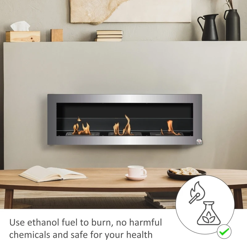 HOMCOM Ethanol Fireplace, 47.25" Wall-Mount 0.3 Gallon Steel 215 Sq Ft., Burns up to 3 Hours, Silver