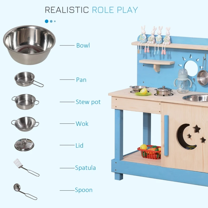 Outsunny Wooden Kids Kitchen with Pots and Pans, Storage Shelf Cabinet, Side Hanger, Sun, Moon, Star Pattern for 3+