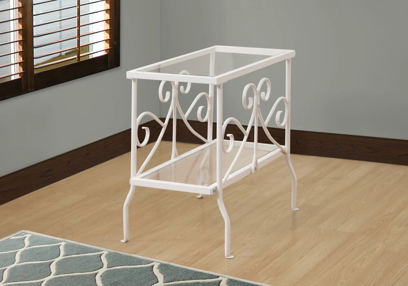 Monarch 22" Traditional Metal Scroll Design Tempered Glass 2-Tier Shelf Accent Side End Table - White Finish