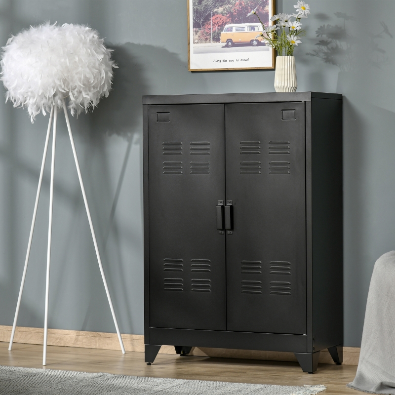 HOMCOM 2-Tier Steel Storage Cabinet with 2 Louvered Doors for Office, Garage, Warehouse, Black