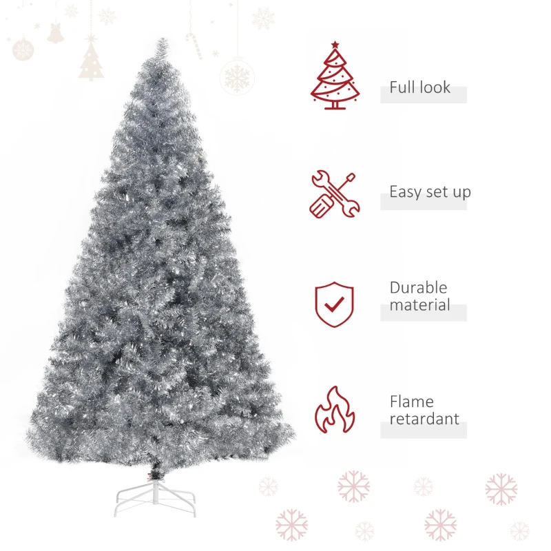 HOMCOM 7.5ft Unlit Full Pine Artificial Christmas Tree with Realistic Branches, Fake Holiday Tree with 1477 Tips, Silver