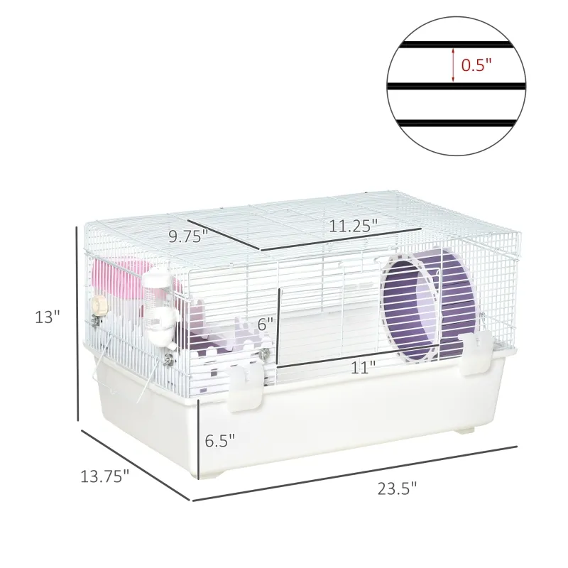 PawHut 2 Tier Hamster Cage Gerbil Rodent House Small Animal Habitat with Water Bottle, Exercise Wheel, Ladder, Hut, White