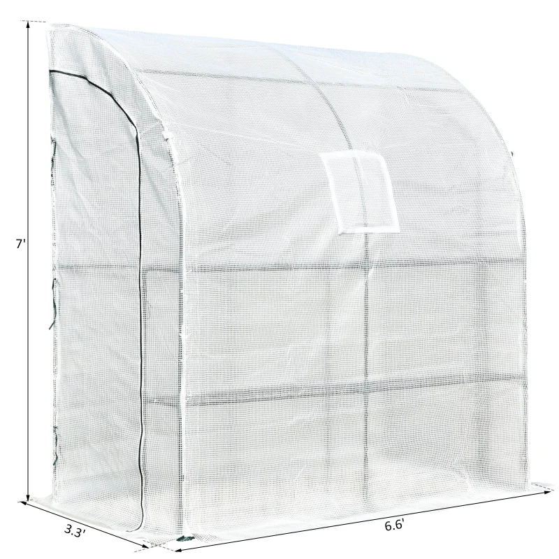 Outsunny 7' x 3' x 7' Outdoor Lean-to Walk-In Greenhouse, Plant Gardening Green House with Roll-up Mesh Windows, Zipper Door and 3-Tier Shelves, White and Green Frame