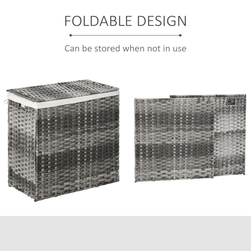 Outsunny Foldable Laundry Hamper Rattan Clothes Hamper with Lid, Removable Liner Bag