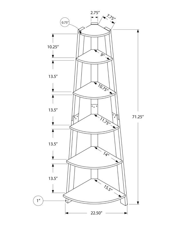 Monarch 72" Contemporary 5-Shelf Wood Grain-Look Corner Accent Display Bookcase - Walnut Finish