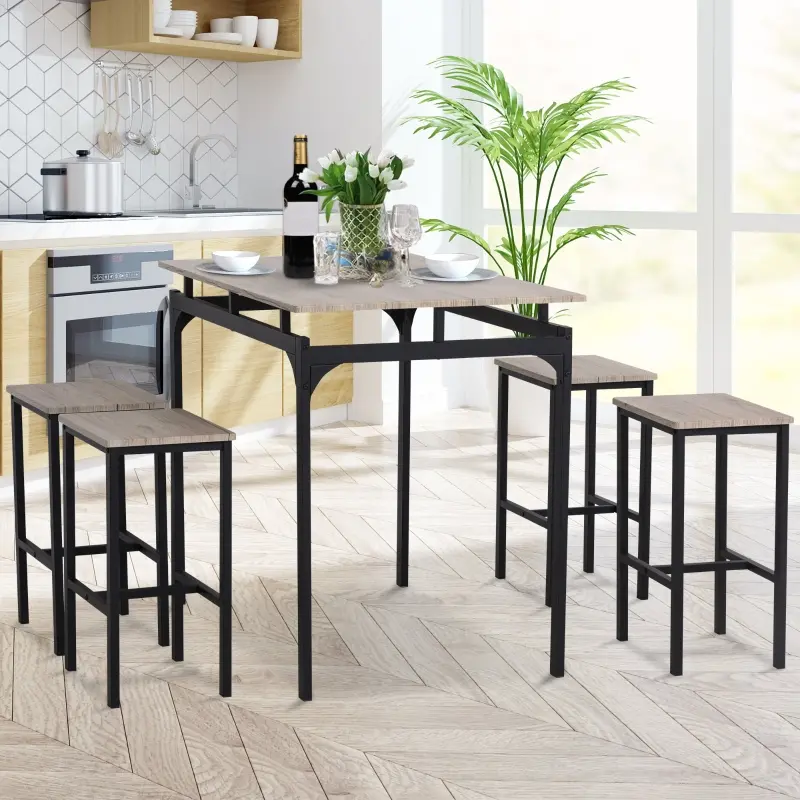 HOMCOM 5 Piece Modern Dining Table and 4 Stools Industrial Dining Set with Footrest & Metal Legs, For Kitchen, Natural
