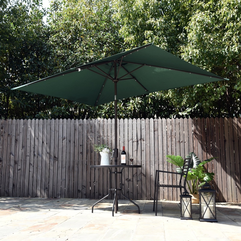 Outsunny 6.5x10ft Rectangle Solar Powered Tilt Patio Umbrella Aluminum Outdoor Market Parasol with LEDs Crank Dark Green