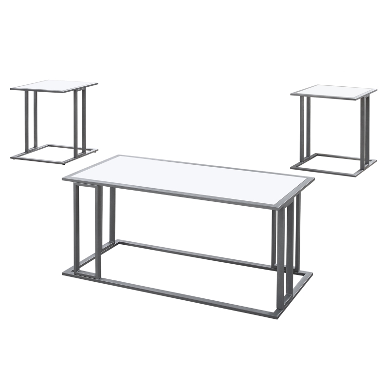 Monarch 3 Piece Modern Minimalist Smooth Laminate Coffee Table / Two Matching End Tables Set - White / Silver Metal