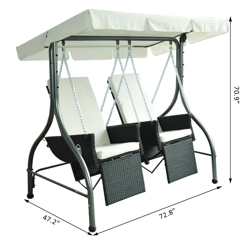 Outsunny Luxury Heavy-Duty Patio Swing Chair 2 Separated Seats Rattan Wicker Recliner Seat Garden Outdoor Canopy Cushion Steel, Black & Cream-white