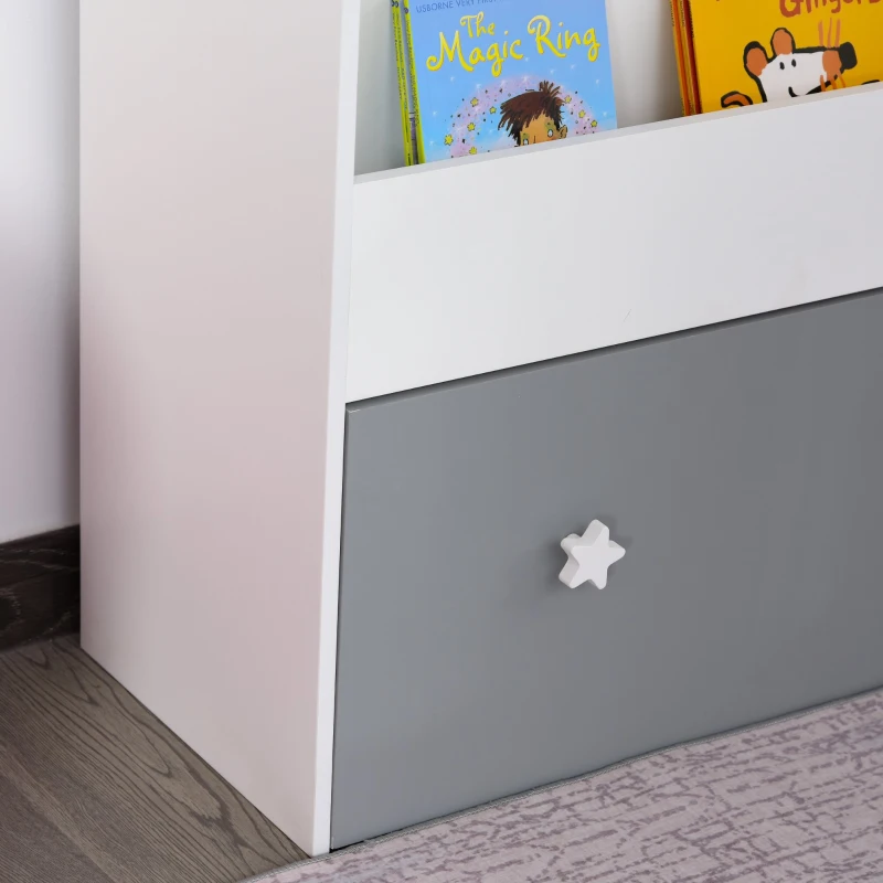 HOMCOM 3-Tier Bookcase with Drawer House Shaped Storage Organizer Bedroom Study Room for Children White & Grey