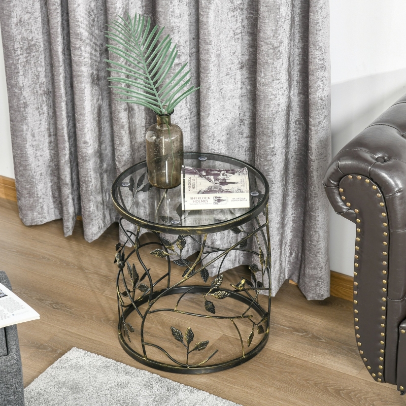 HOMCOM Tempered Glass Coffee Table Accent Side End Table with Vintage Style, Steel Frame for Living Room, Bedroom, Study, No Assembly Required, Bronze