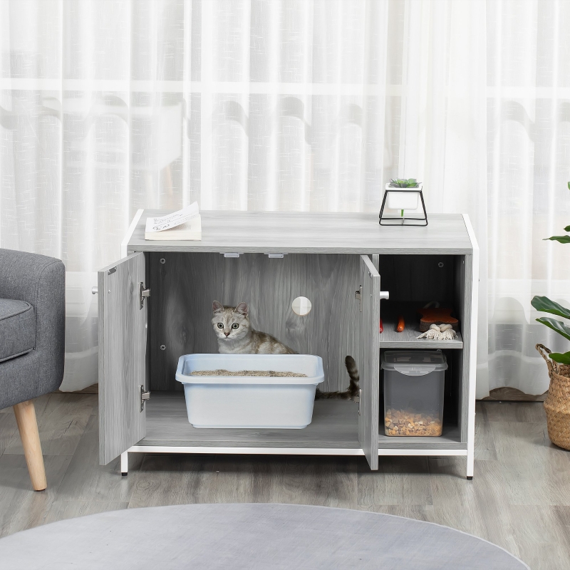 PawHut Cat Litter Box Enclosure Hidden Cat Furniture Cabinet Indoor Cat Washroom Double-door Nightstand End Table with Damping Hinge Multiple Storage Place Adjustable Partition Grey