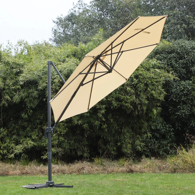 Outsunny 9.7ft Round Cantilever Hanging Umbrella Outdoor Offset Market Umbrella 360° Rotation w/ Cross Base Garden Sun Shade Beige