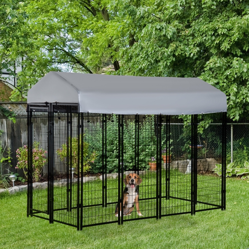 Pawhut 8' x 4' x 6' Large Outdoor Dog Kennel Steel Fence with UV-Resistant Oxford Cloth Roof & Secure Lock