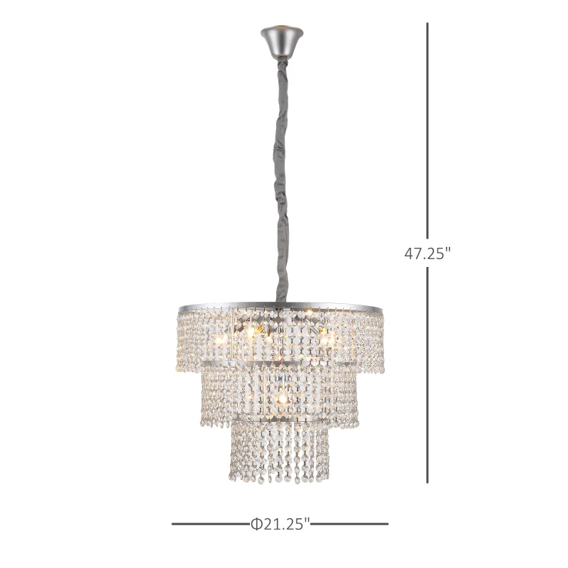 HOMCOM Modern Glass Crystal Chandelier Height Adjustable Crystal Pendant Light E12