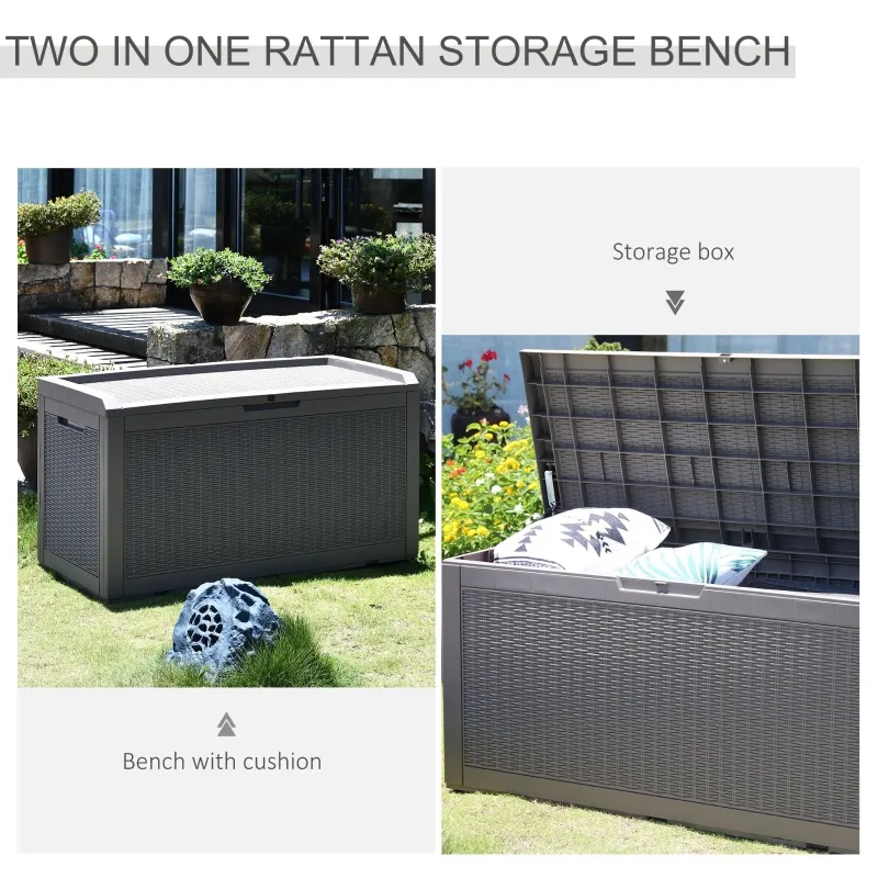 Outsunny Patio PP Resin Rattan Storage Box Outdoor Garden Furniture 2 People Sit with Handles & Cushion 47.25"L x 21.5"W x 24.5"H Brown