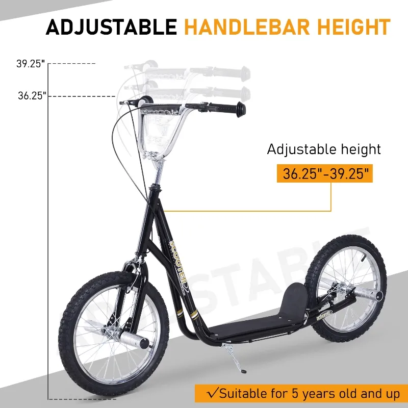 HOMCOM Youth Scooter Adult Teen Kick Scooter Kids Children Stunt Scooter Bike Bicycle Ride On 16" Pneumatic Tyres (Black)