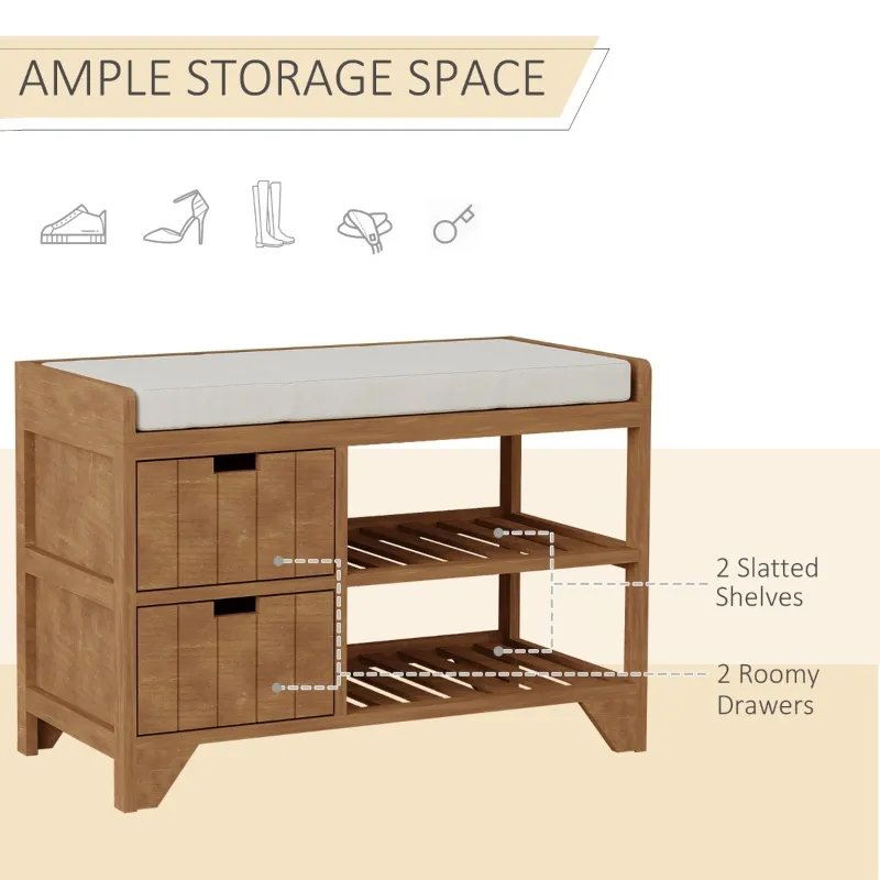 HOMCOM Compact Rustic Padded Wooden Shoe Rack Bench Organizer With Drawers - Coffee Woodgrain
