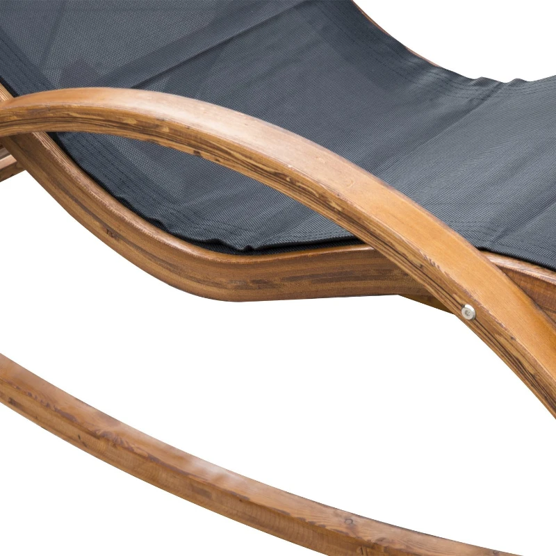 Outsunny Wooden Mesh Patio Rocking Chaise Lounge Outdoor Recliner Chair with Pillow – Black & Teak