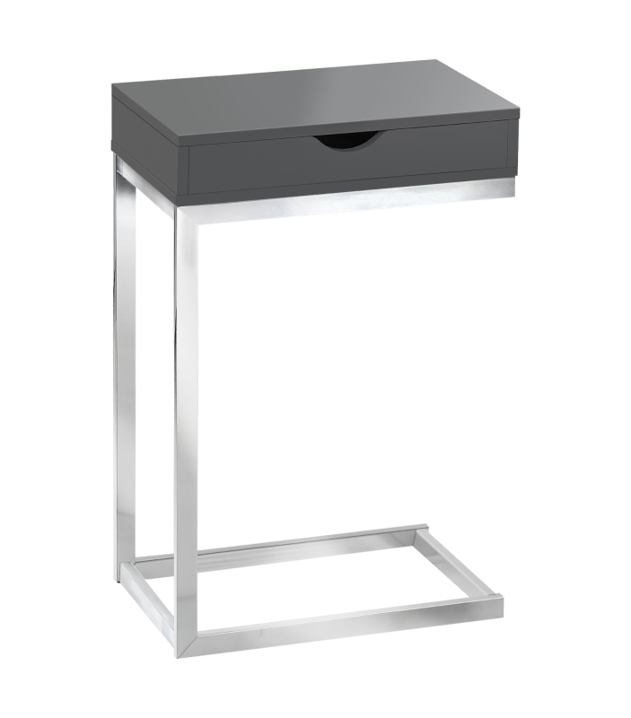 Monarch 24" Contemporary Chrome Metal Base C-Shaped Side Accent Table with Storage Drawer - Glossy Grey Finish