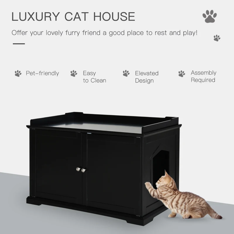 PawHut 37.5" Wooden Covered Mess Free Cat Litter Box End Table Hideaway Cabinet with Storage for Accessories, Black