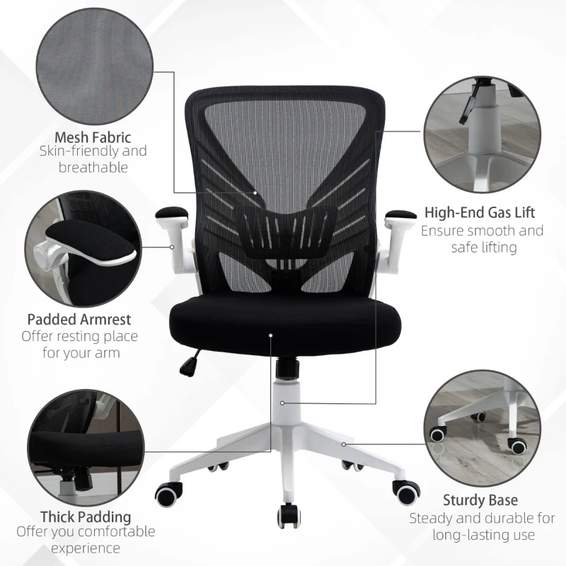 Vinsetto Mid-Back Mesh Home Office Chair Computer Task Ergonomic Desk Chair with Lumbar Back Support, Flip-Up Arm, and Adjustable Height, Black