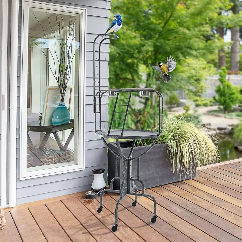 PawHut Parrot Stand Large Bird Perch Stand with Toy Hook & 3 Ladders, Parrot Perch with Easy Grip, Bird Wooden Stand, Gray